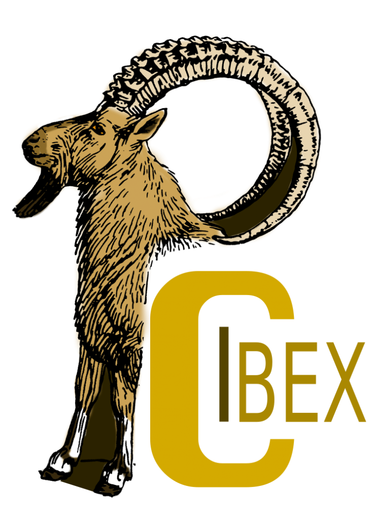 A drawing of an ibex standing for the letter P, followed by the string CIBEX